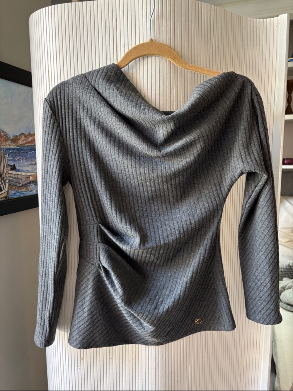 DONNA KAREN Women’s Gray Ribbed Off-The-Shoulder Or Cowl Neck Sweater